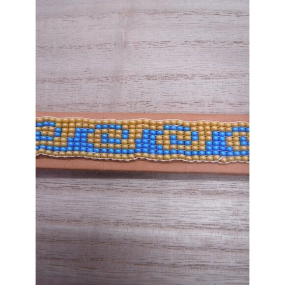 Loom Beaded Bracelet Teal & Tan Wave on Leather - Picture 3 of 5